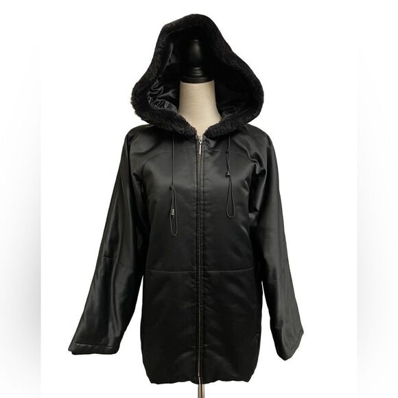 Jones New York Jackets & Blazers - Jones New York Black Full Zip Winter Coat with Faux Fur Lined Hood (Small)